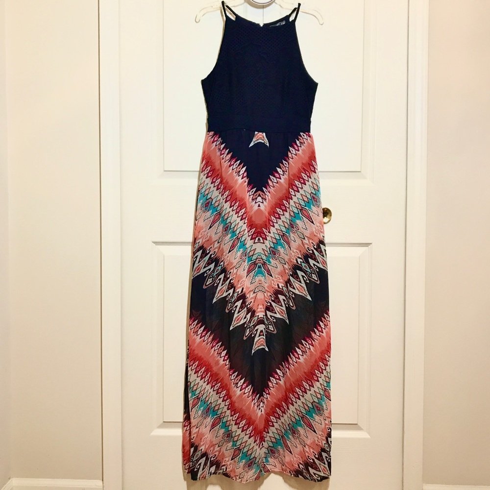 Crystal Doll Juniors Maxi Dress Navy Blue/Coral Size 5